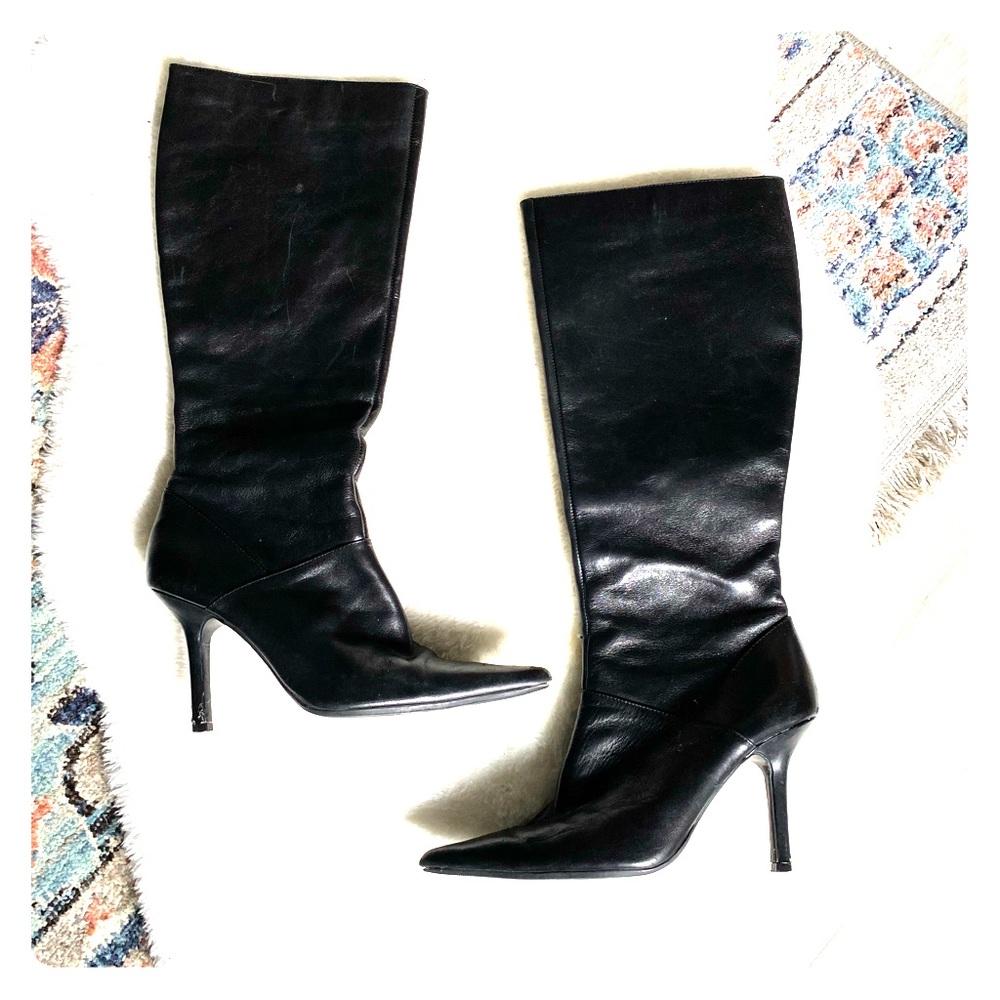 Nine West black leather tall high heel boots